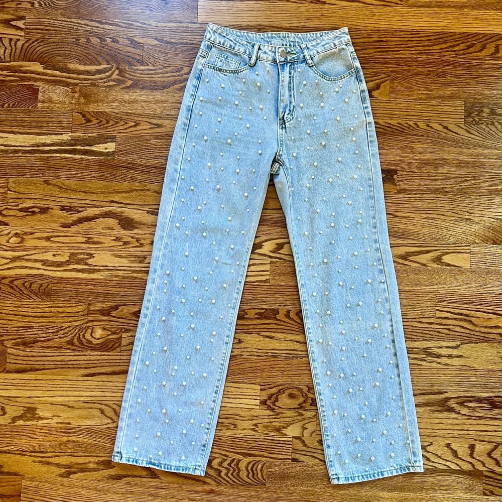Pearl Embellished Straight Leg Jeans Women's XS Light Blue Excellent High Rise